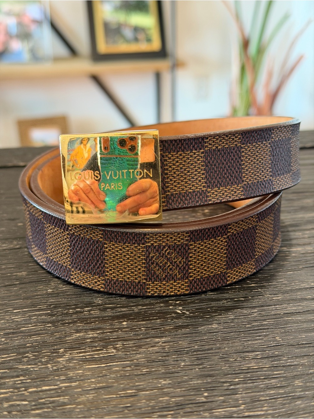 Louis Vuitton Brown Damier Ebene Canvas Belt with Gold Buckle - Picture 2 of 7